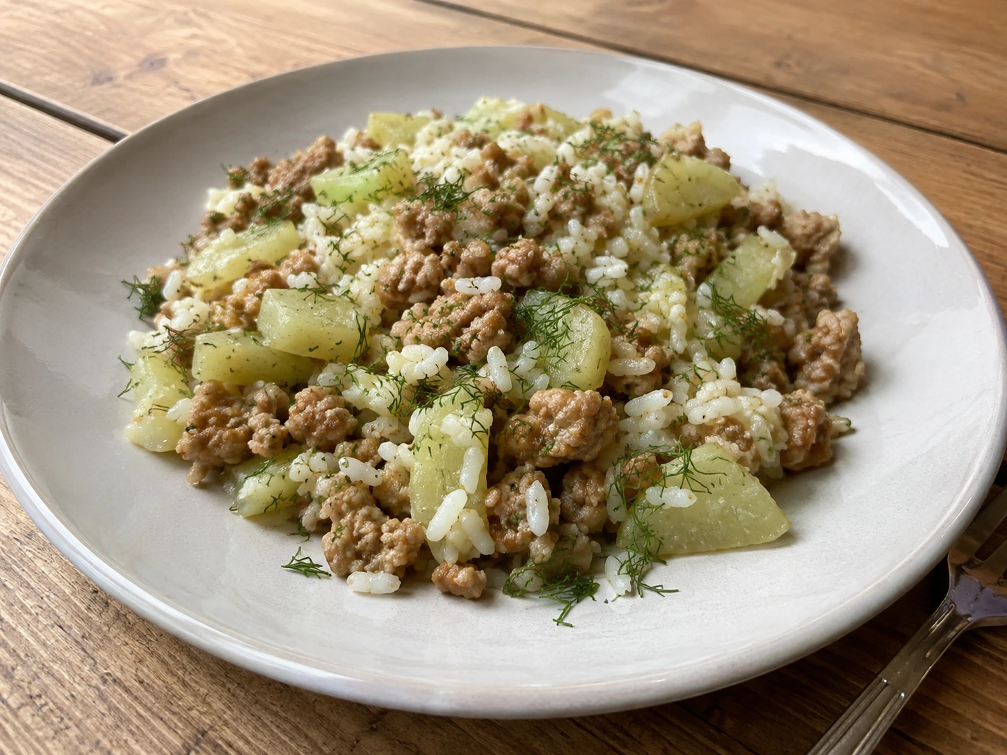 Serpenyős pulyka darált hús, karalábé és rizs kapros módra tálalva