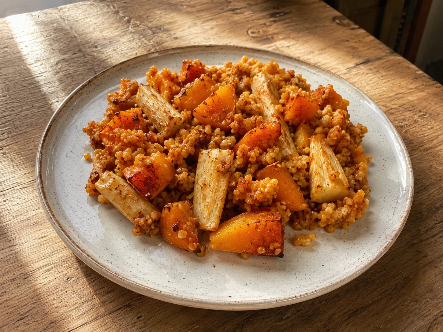 Tepsis sütőtök, paszternák és bulgur paprikás ízesítéssel tálalva